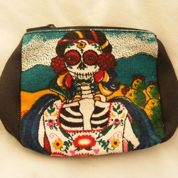 DIA DE LOS MUERTOS Sm bag, 4.75x 4.5x 2.5 Frida, Canvas, Zipper, - Picture 1 of 7
